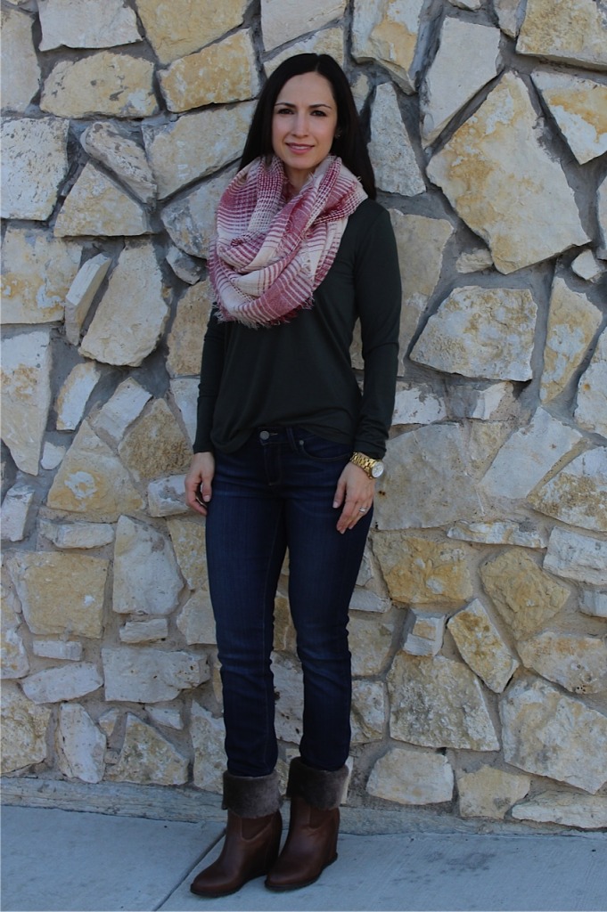Trask Layla Boots / Paige Denim/ J.Crew Tee/ Nordstrom Scarf