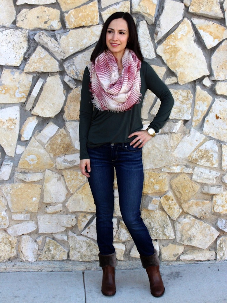 Trask Layla Boots / Paige Denim/ J.Crew Tee/ Nordstrom Scarf