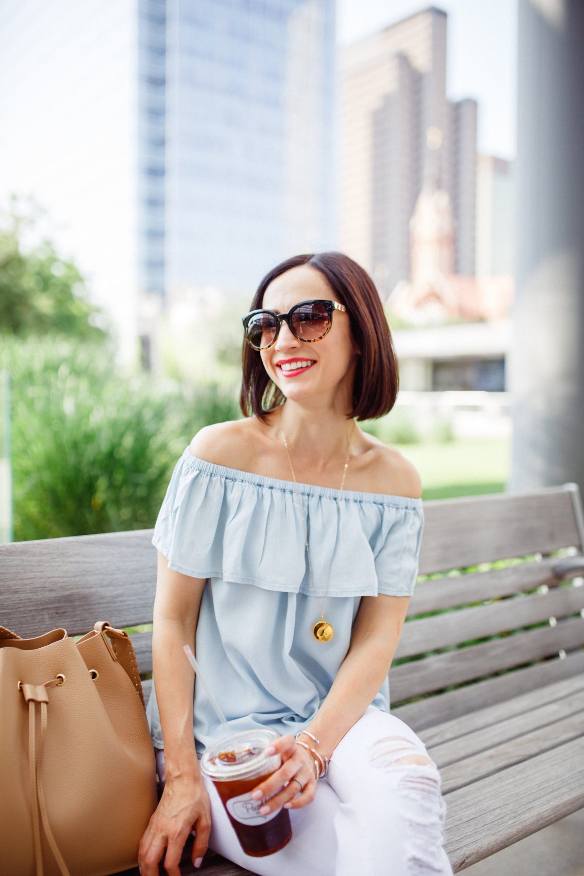 Chambray Off Shoulder Top and Distressed White Denim - Loubies and Lulu