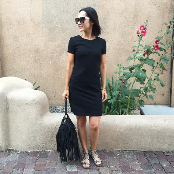 Black T Shirt dress and sandals