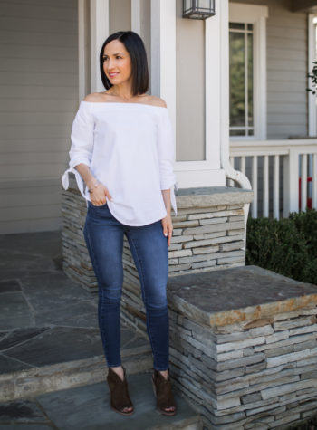 off shoulder top outfit with jeans