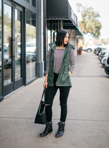 How to style a long vest and sperry duck boots to create a casual chic look...
