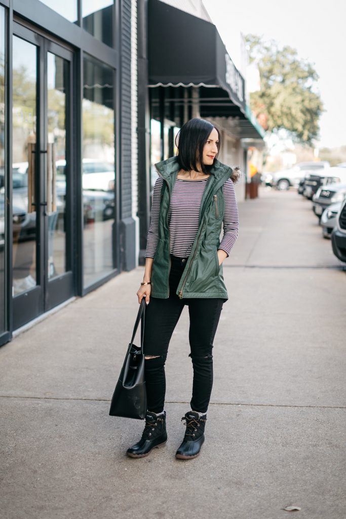 How to style a long vest and sperry duck boots to create a casual chic look...