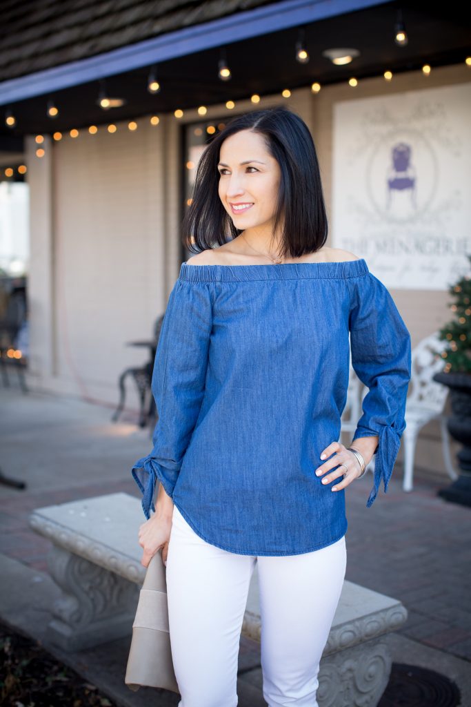 An Off Shoulder Chambray Top is an essential for spring. Pair it with your favorite White Jeans and open toe booties and you're ready to go!