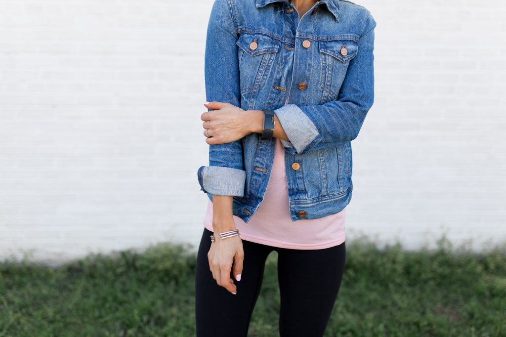 How to style a denim jacket with athleisure outfit.