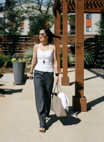How to style a summer athleisure outfit using pieces from prAna. Create a chic casual look from three pieces and add your favorite jewelry, sunglasses, and handbag!
