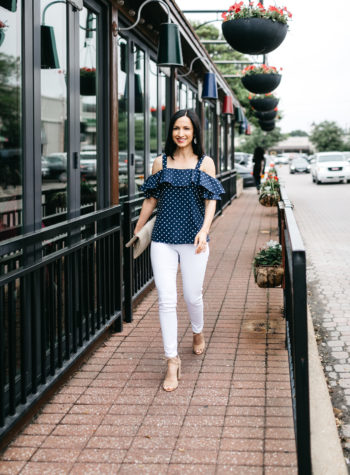 How to style white jeans with a polka dot cold shoulder top