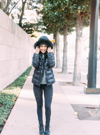 Chic winter look featuring black puffer jacket, Athleta and GAP with Sorel Boots