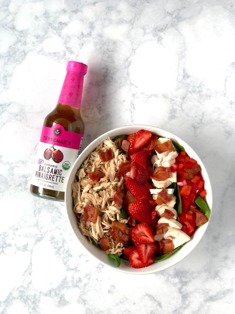 Whole30 Protein Salad with Strawberries and Tessemae's Balsamic dressing
