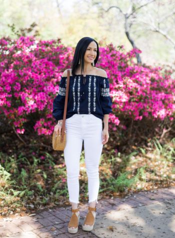 Off shoulder top and white jeans spring/summer outfit with Marc Fisher espadrilles and straw wicker circle handbag