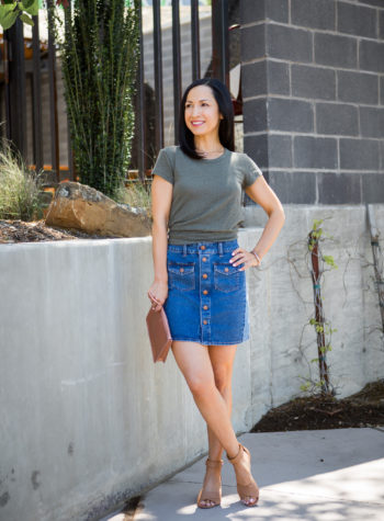 Madewell Denim Skirt and tie back tee, casual summer outfit