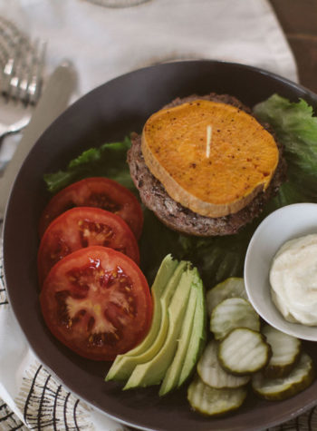 Whole30 Hatch Green Chile Burger Stacks with Sweet Potato Buns