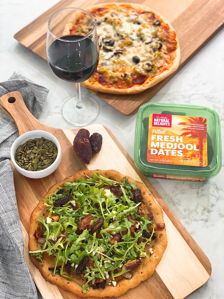 Bacon, Date, and Arugula Pizza with Natural Delights Medjool Dates 