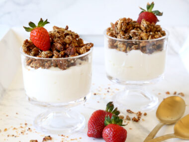 Date Sweetened Paleo Granola with Greek Yogurt and strawberries