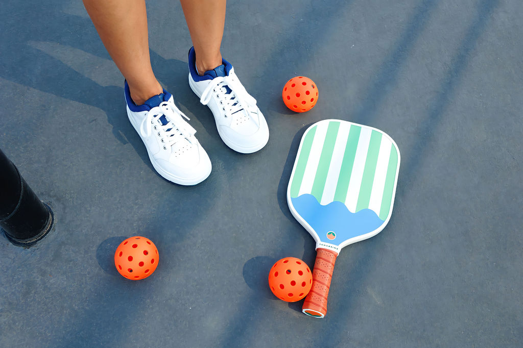 Easy Spirit pickleball shoes and Tangerine paddle